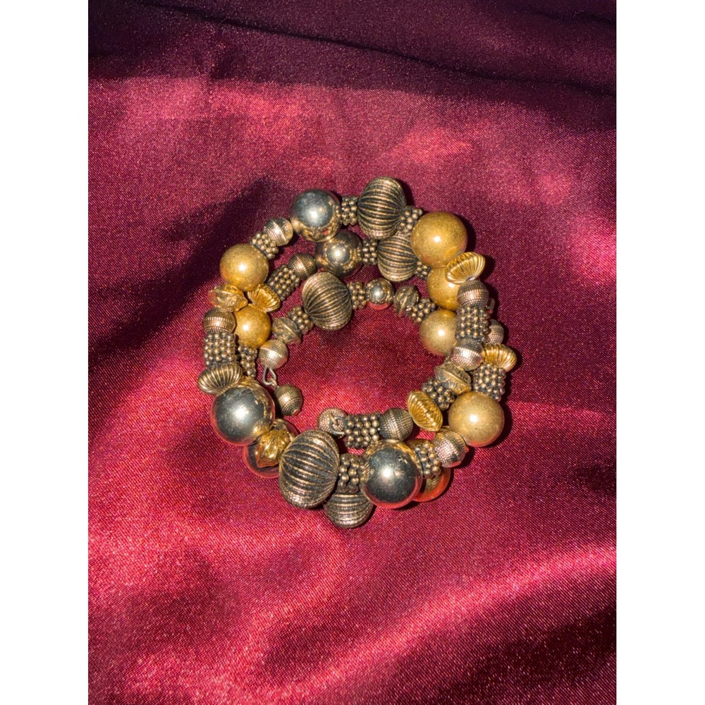 Mixed Metal Beaded Memory Wire Wrap Bracelet Gold Silver Tone Textured Boho Styl